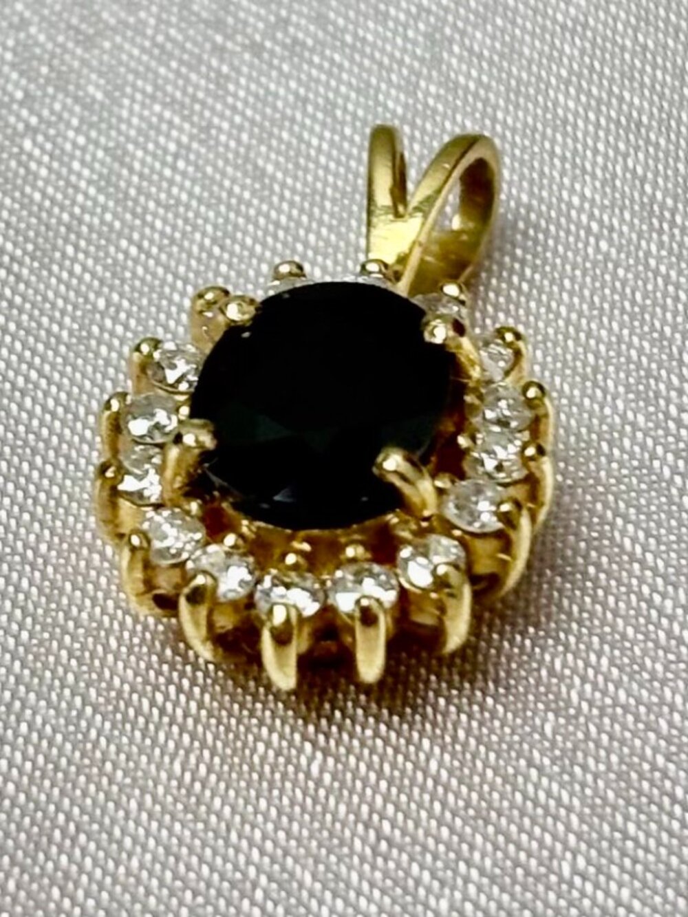Diamond and Midnight Blue Sapphire Halo design 14k Yellow gold Pendant